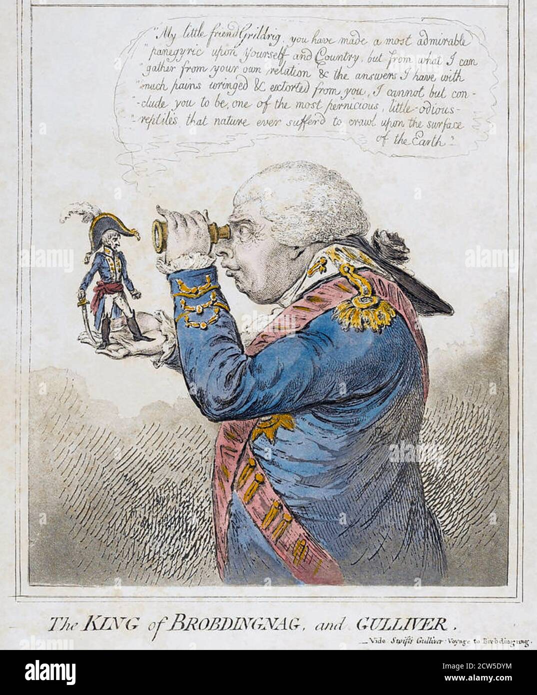 LE ROI GEORGE III (1738-1820) voit un Napoléon miniature dans un James Gillray dessin animé de 1803 intitulé le roi de Brobdingnag Et Gulliver Banque D'Images