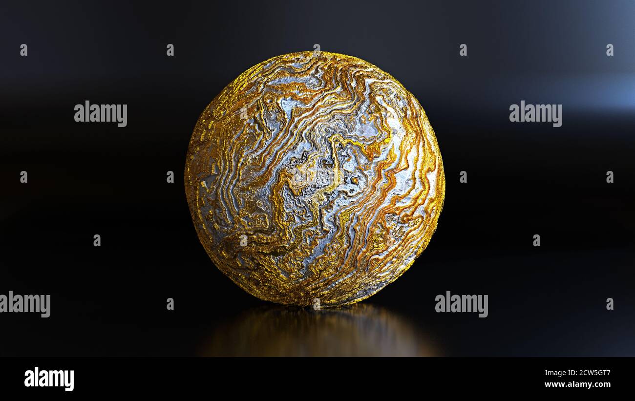 sphère abstraite sur fond de scène, boule en or et argent avec surface érodée Banque D'Images