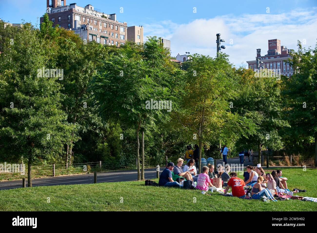 BROOKLYN, NY - 23 2020 SEPTEMBRE : un groupe de personnes se réunit pour un pique-nique, assis sur l'herbe au Brooklyn Bridge Park, Brooklyn, NY Banque D'Images