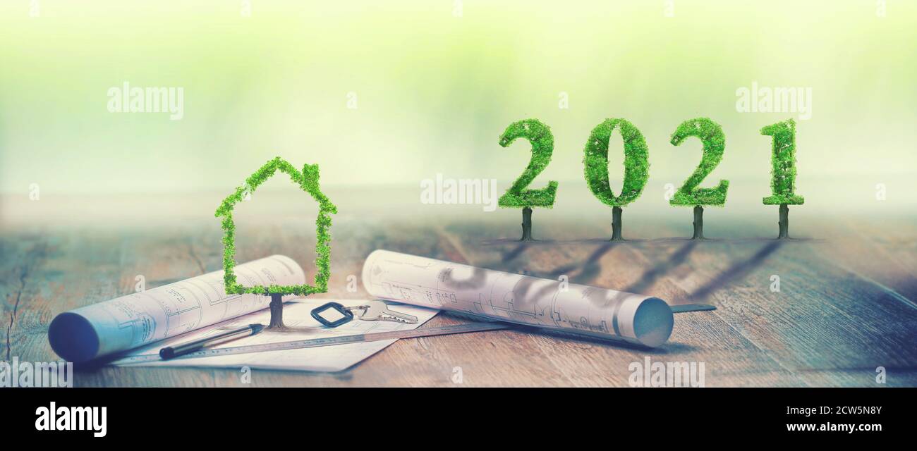 2021,bonne année,projet immobilier, arbre vert, maison, écologie Banque D'Images