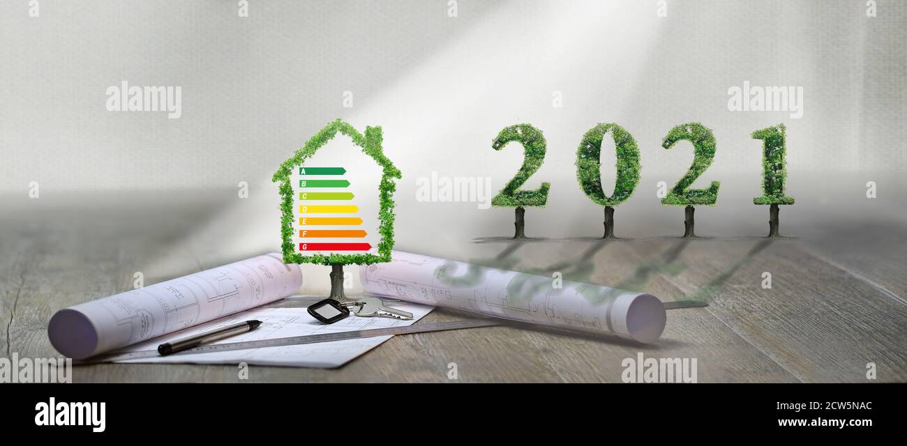 2021,bonne année,projet immobilier, arbre vert, maison, écologie Banque D'Images