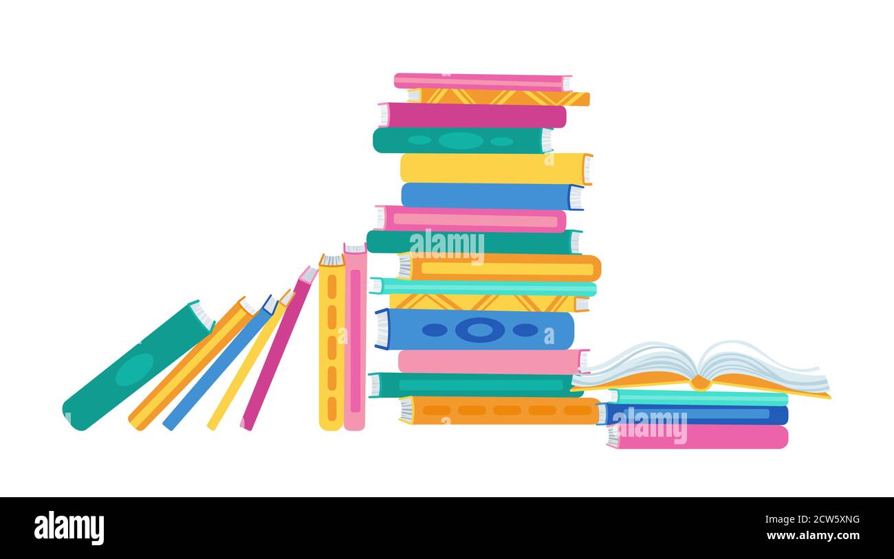 Pile de livres. Pile plate de livres en rangée, collection de la littérature. Bureau de dessin animé, étude d'intérieur d'école, bibliothèque d'université. Connaissance de Symbol intellectuelle. Illustration vectorielle sur fond blanc Illustration de Vecteur