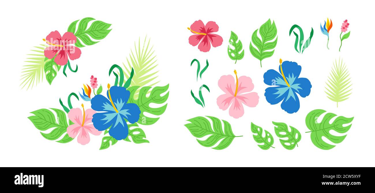 Bouquet tropical de fleurs et de feuilles. Carte de dessin animé hawaïenne. Composition florale plate pour invitation ou vacances. Collection Monstera, palmier et fleurs sauvages. Jungle exotique dessinée à la main. Illustration vectorielle Illustration de Vecteur