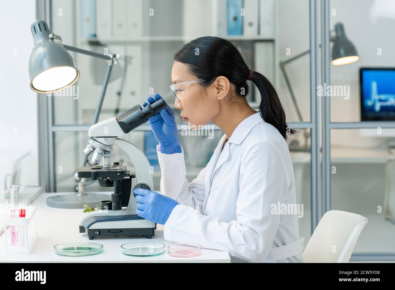 Jeune femme asiatique de laboratoire étudiant un échantillon de viande crue au microscope Banque D'Images