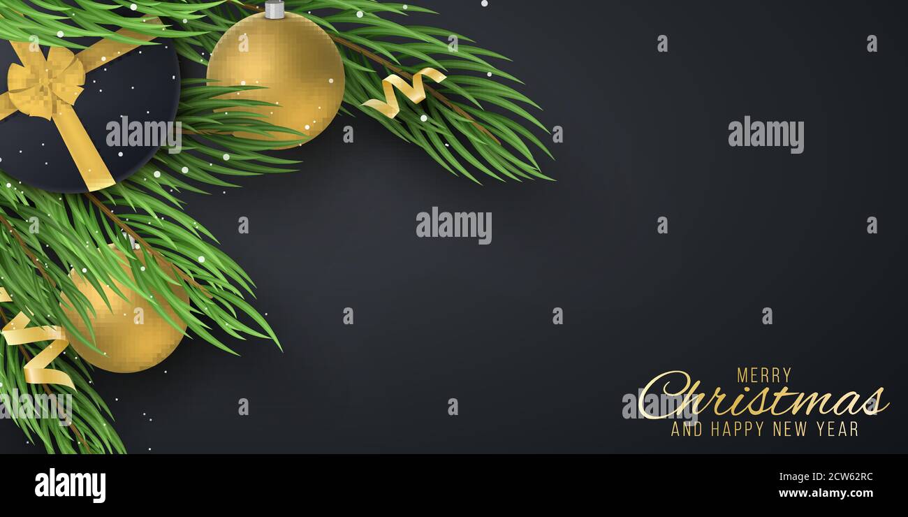 Carte de vœux de joyeux Noël. Sapin et boules dorées festives avec boîte cadeau. Illustration vectorielle. SPE 10 Illustration de Vecteur