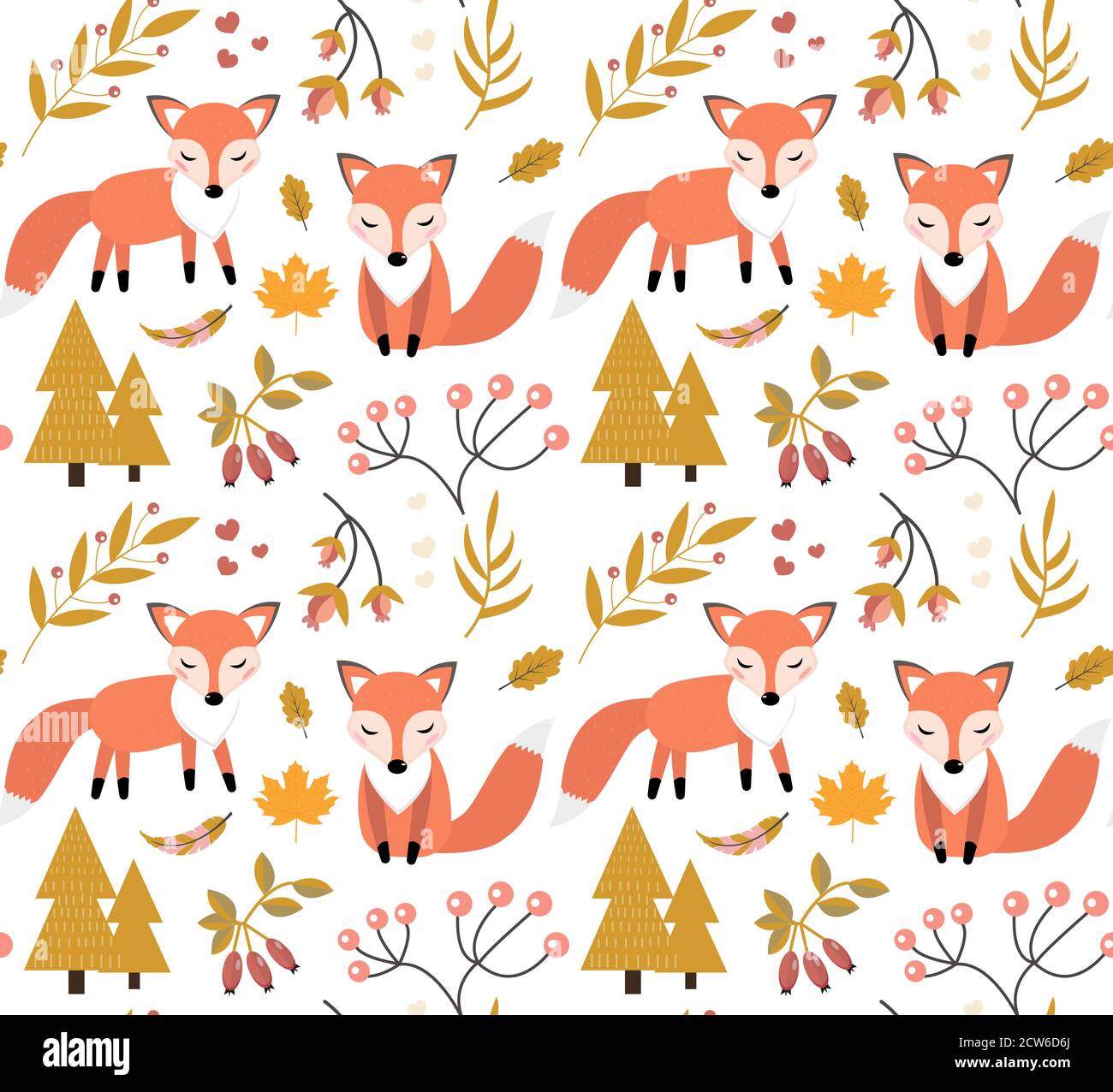 Renard mignon dans la forêt d'automne modèle sans couture. Petit renard, plantes d'automne, fleurs répétition de texture. Enfants bébé drôle sourire animal fond Illustration de Vecteur