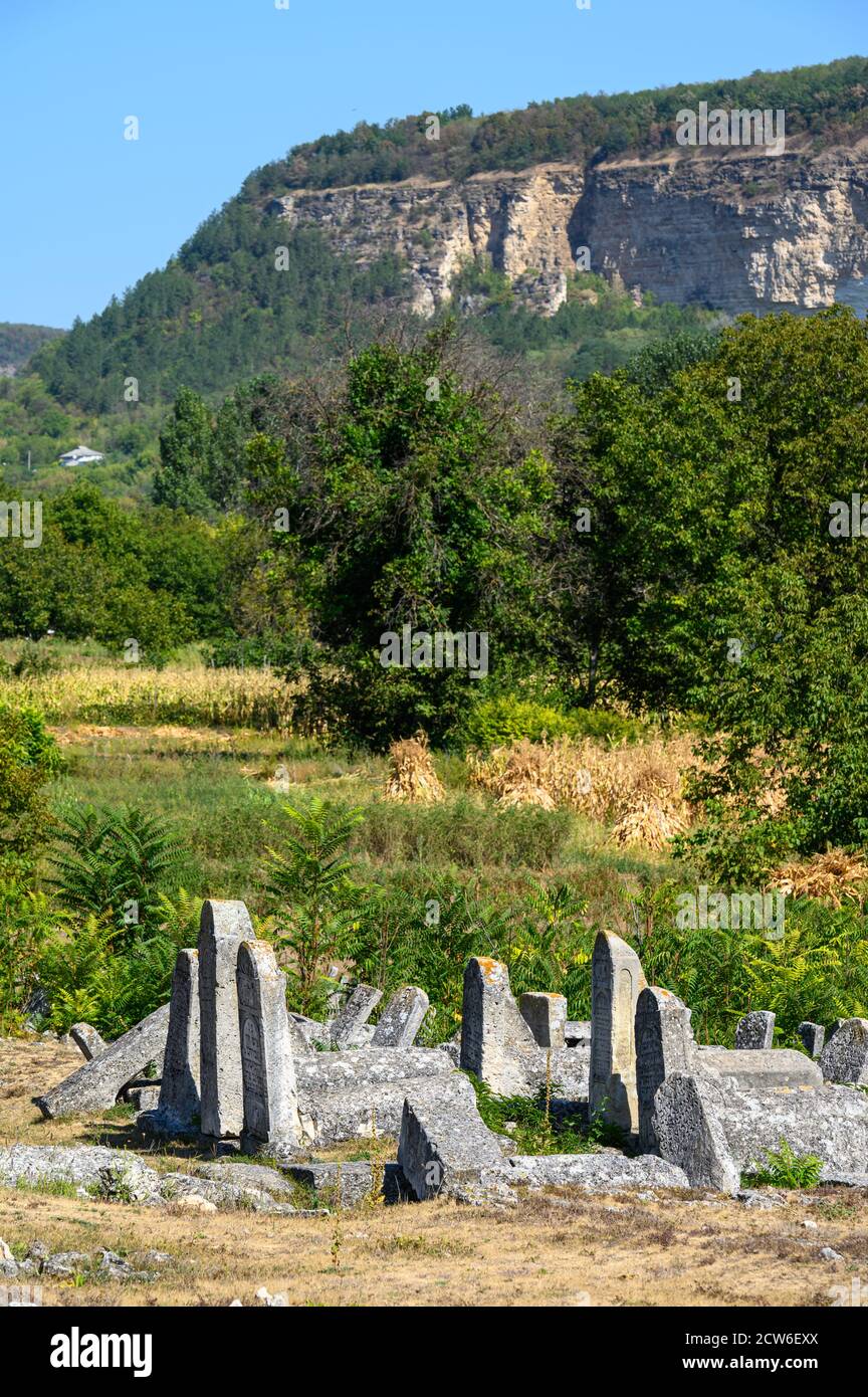 Groupe de vieilles pierres tombales à l'ancien cimetière juif à Vadul liu Rascov en Moldavie Banque D'Images