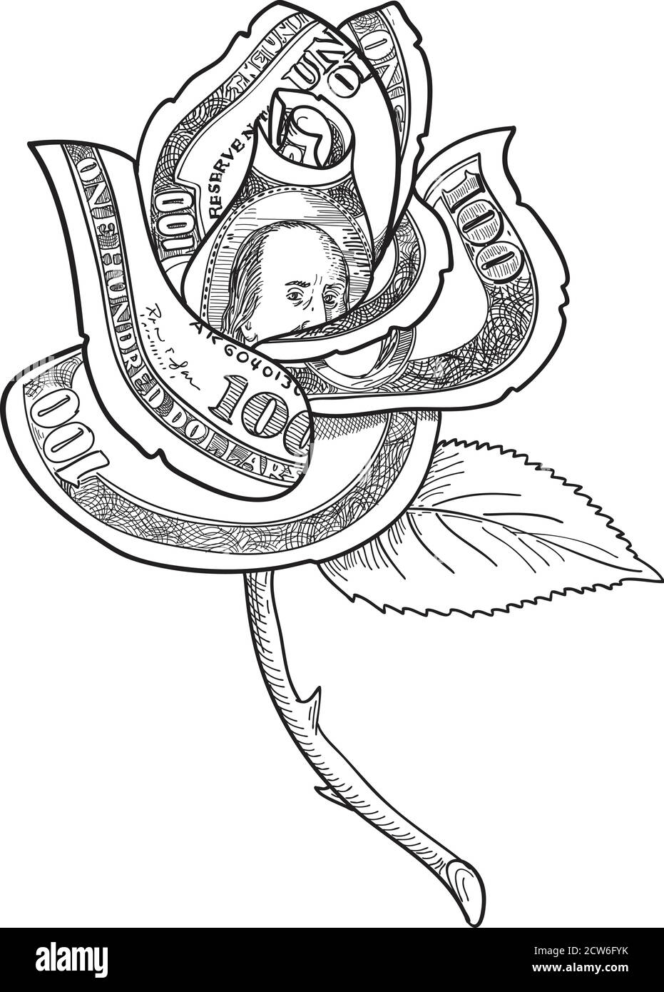 Dessin d'une illustration de style esquisse d'une fleur de rose avec de l'argent Ou une facture de cent dollars imprimée sur des pétales avec feuille et tige épineuse sur l'isolat Illustration de Vecteur