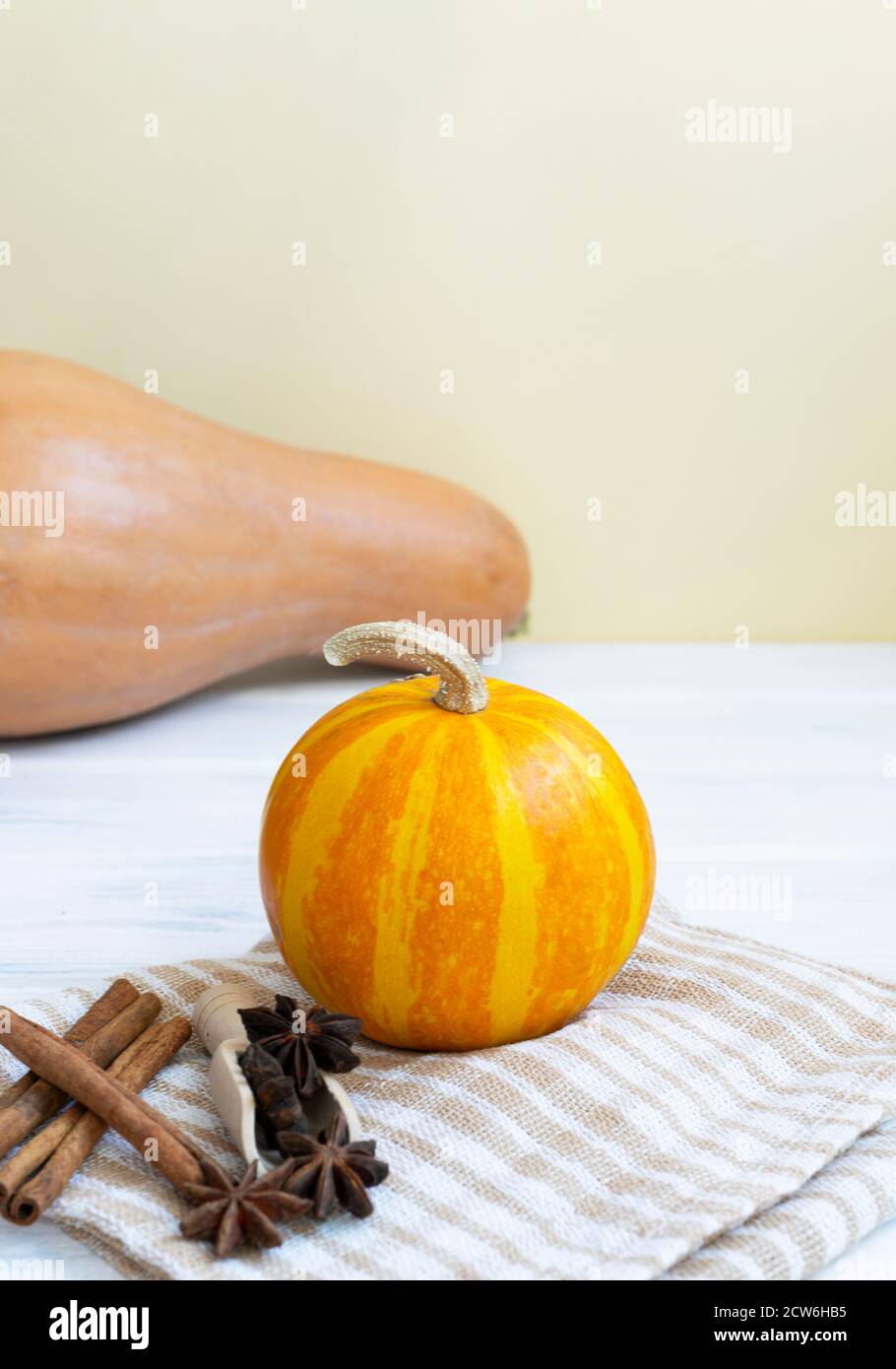 Petits citrouilles sur fond blanc en bois. Composition Autmn, concept de jour d'action de grâce. Plat d'Halloween. Photo d'automne confortable. Banque D'Images