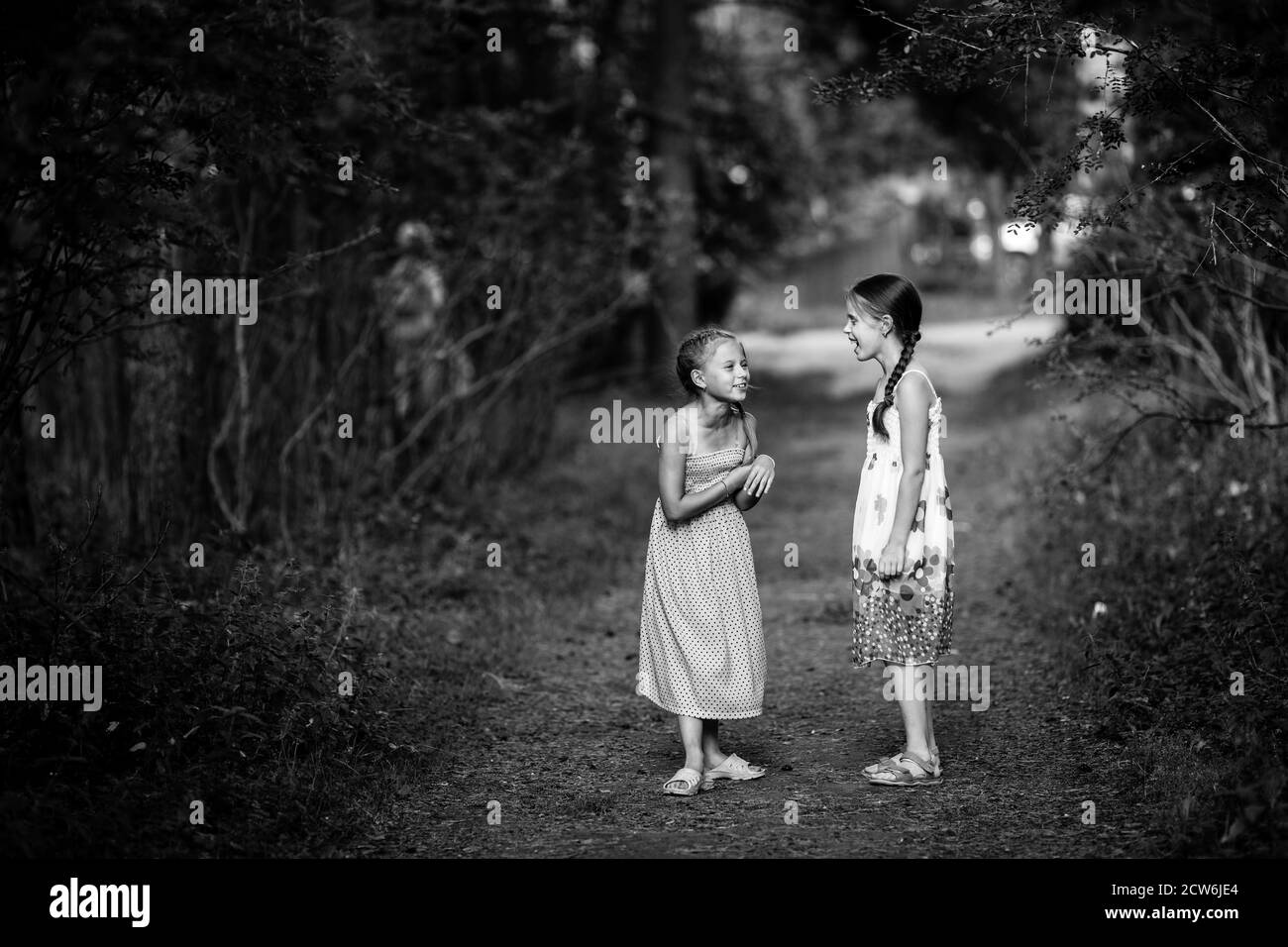 Deux petites filles dans la forêt de pins. Photo en noir et blanc. Banque D'Images