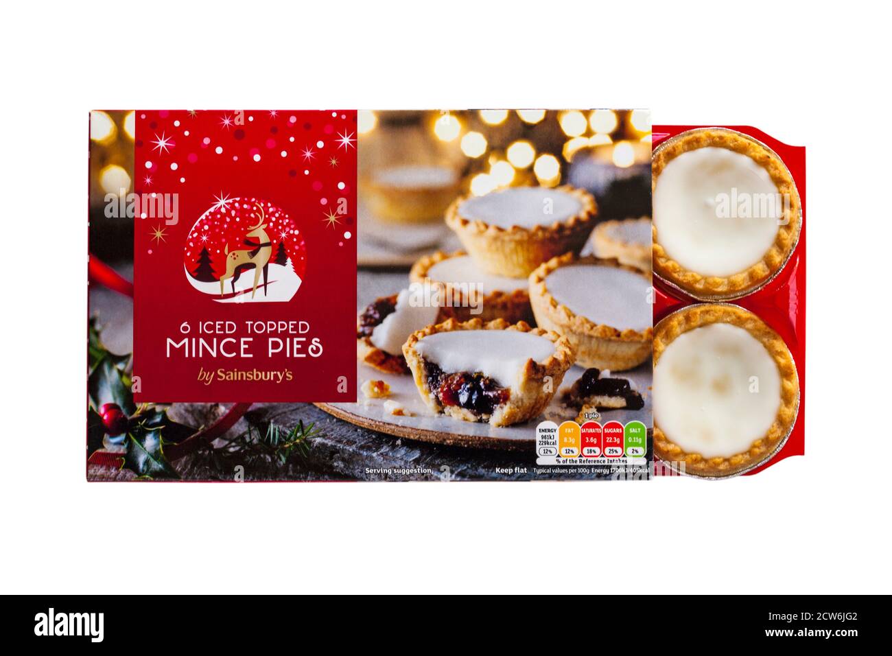 Coffret de 6 thés surmontée de petits pâtés par Sainsburys isolé sur fond blanc - cas de pâtisserie remplie de viande hachée, garni de glaçage fondant blanc doux Banque D'Images