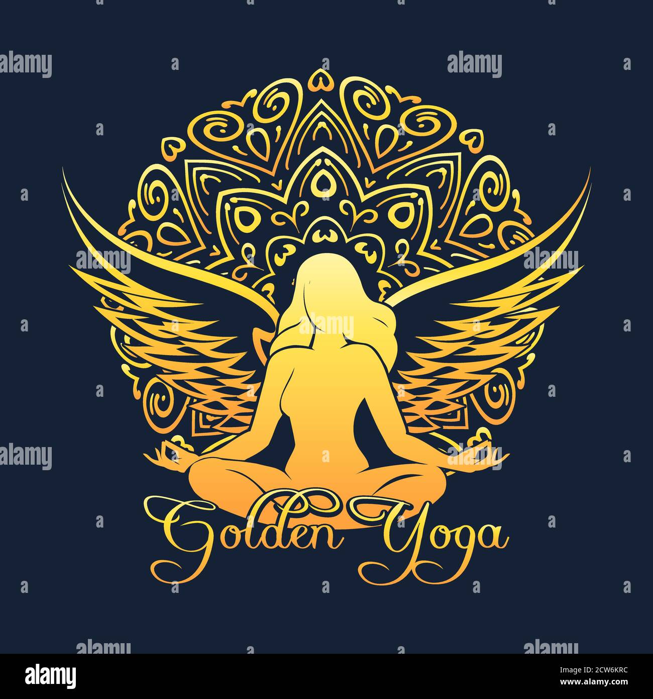 Logo yoga ou emblème. Une fille aigée assise dans le lotus pose contre le mandala. Illustration vectorielle Illustration de Vecteur