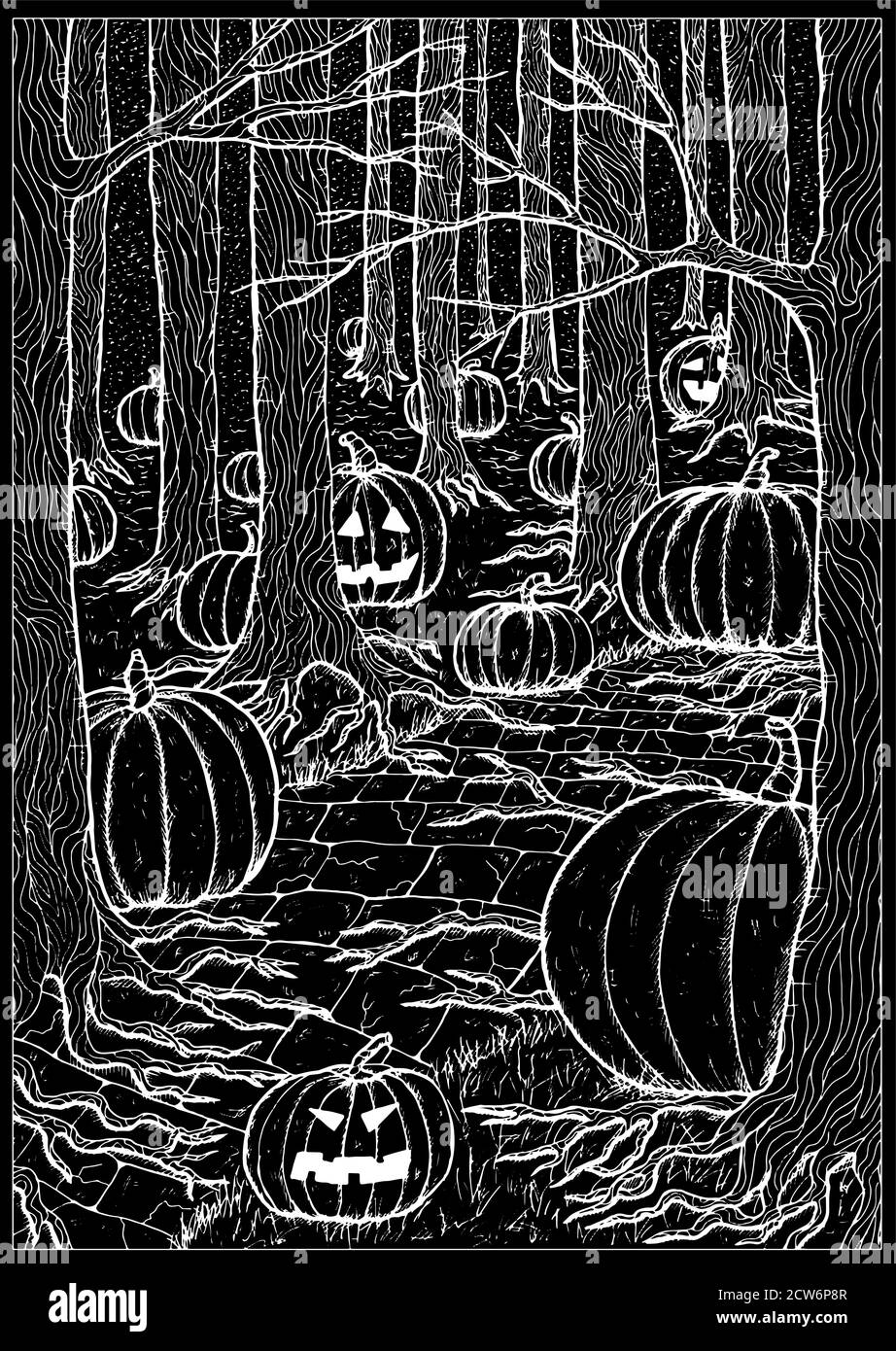 Illustration vectorielle noire avec chemin ou chemin de randonnée, tête de citrouille effrayante et lanternes se cachant derrière les arbres sombres dans la forêt ou les bois sombres. Halloween Illustration de Vecteur
