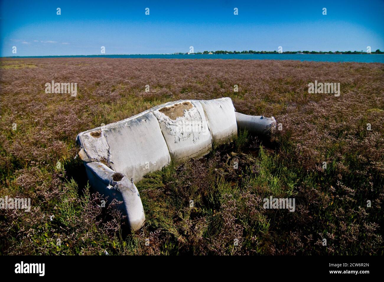 Un canapé en ruine perdu dans un champ parmi les mauvaises herbes Banque D'Images