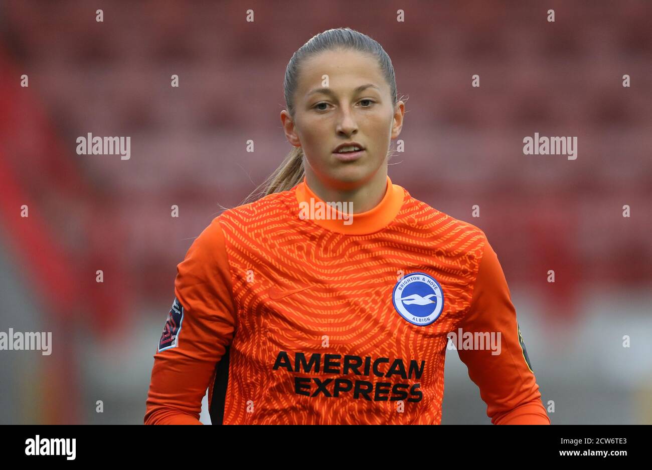 Cecilie Fiskerstrand, gardien de but de Brighton, lors de la coupe Vitality Women’s FA Cup Match quart de finale entre Brighton & Hove Albion Women et Birmingham Femmes de la ville au stade de la pension du peuple à Crawley Banque D'Images