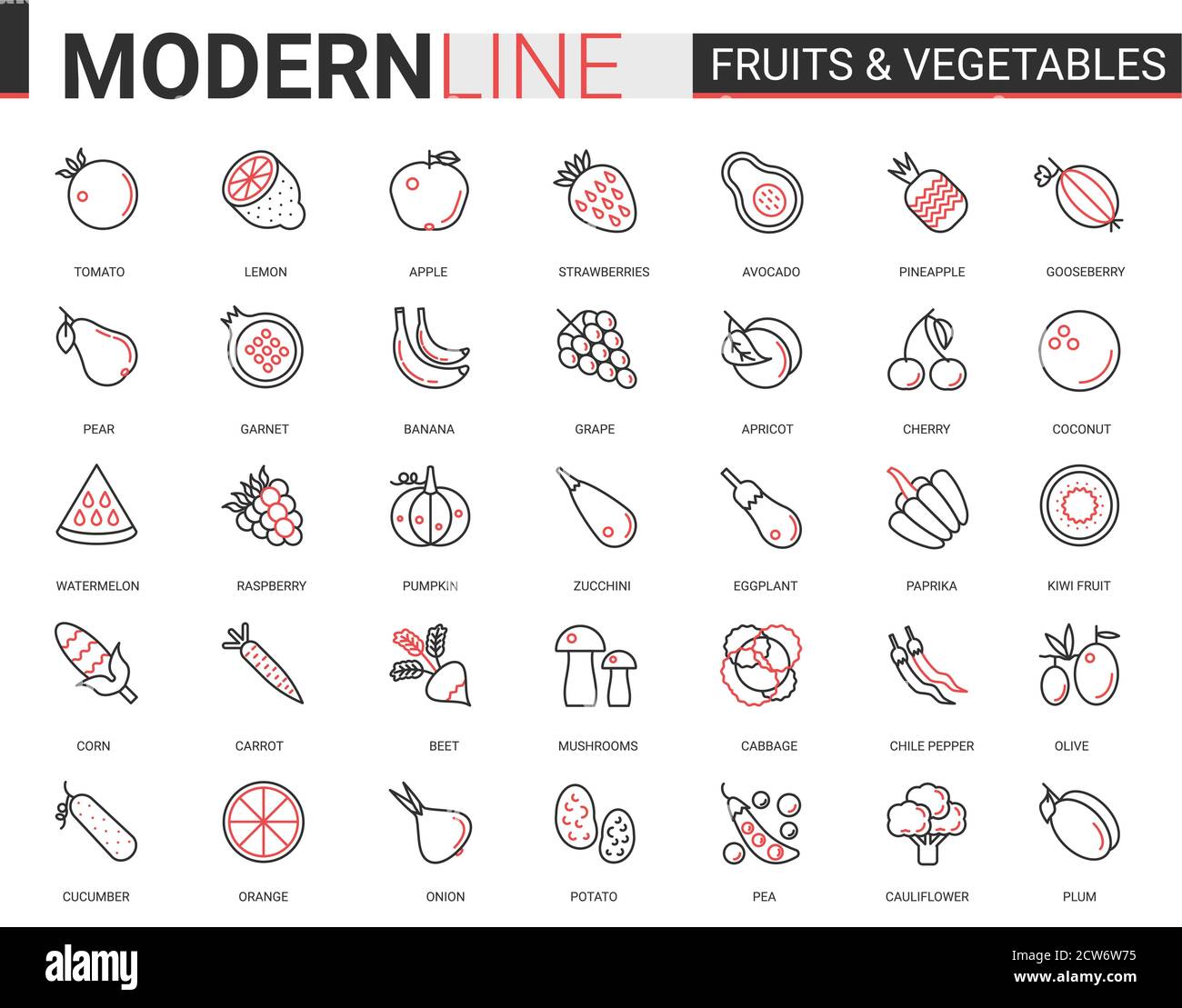 Fruits légumes plat fin rouge ligne noire icône vecteur illustration ensemble avec contour frais bio aliments végétariens symboles, collection de pomme de maïs, carotte oignon pomme de terre avocat champignons tomate Illustration de Vecteur
