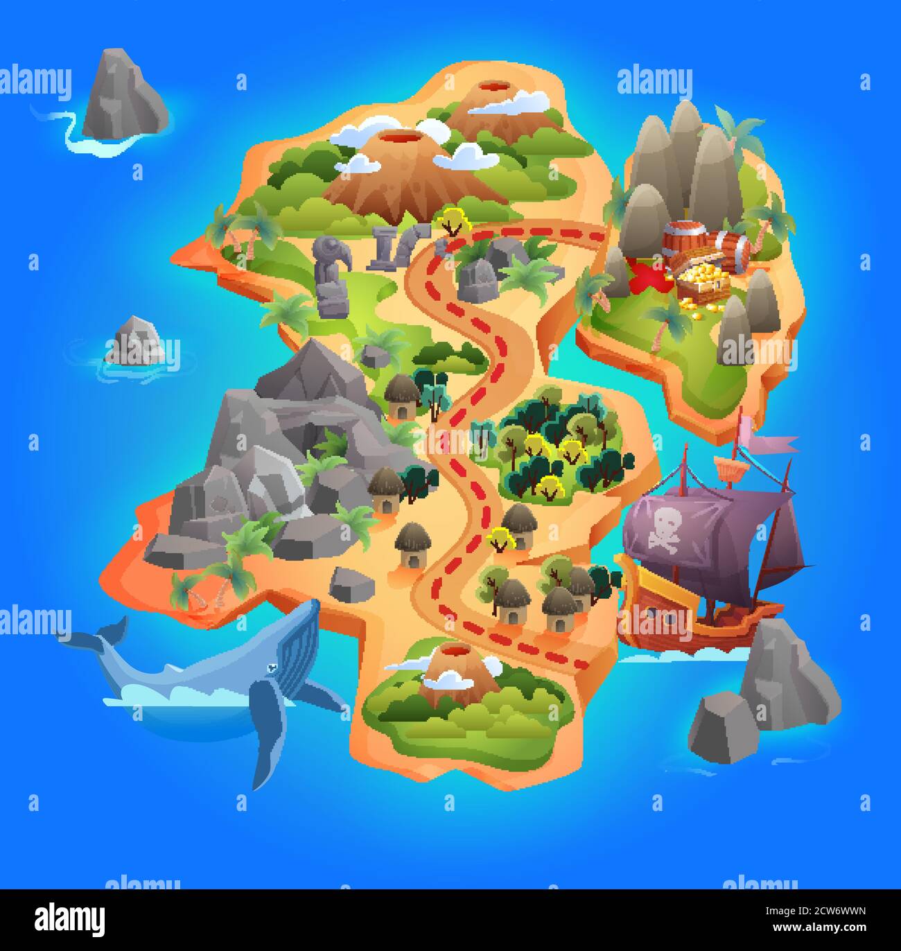 Illustration vectorielle de la carte du jeu Treasure. Carte de l'île tropicale cartoon montrant la direction de la route vers le Trésor d'or pirate, à travers les montagnes et les forêts, à partir de bateau de pirate par mer, le fond de jeu Illustration de Vecteur