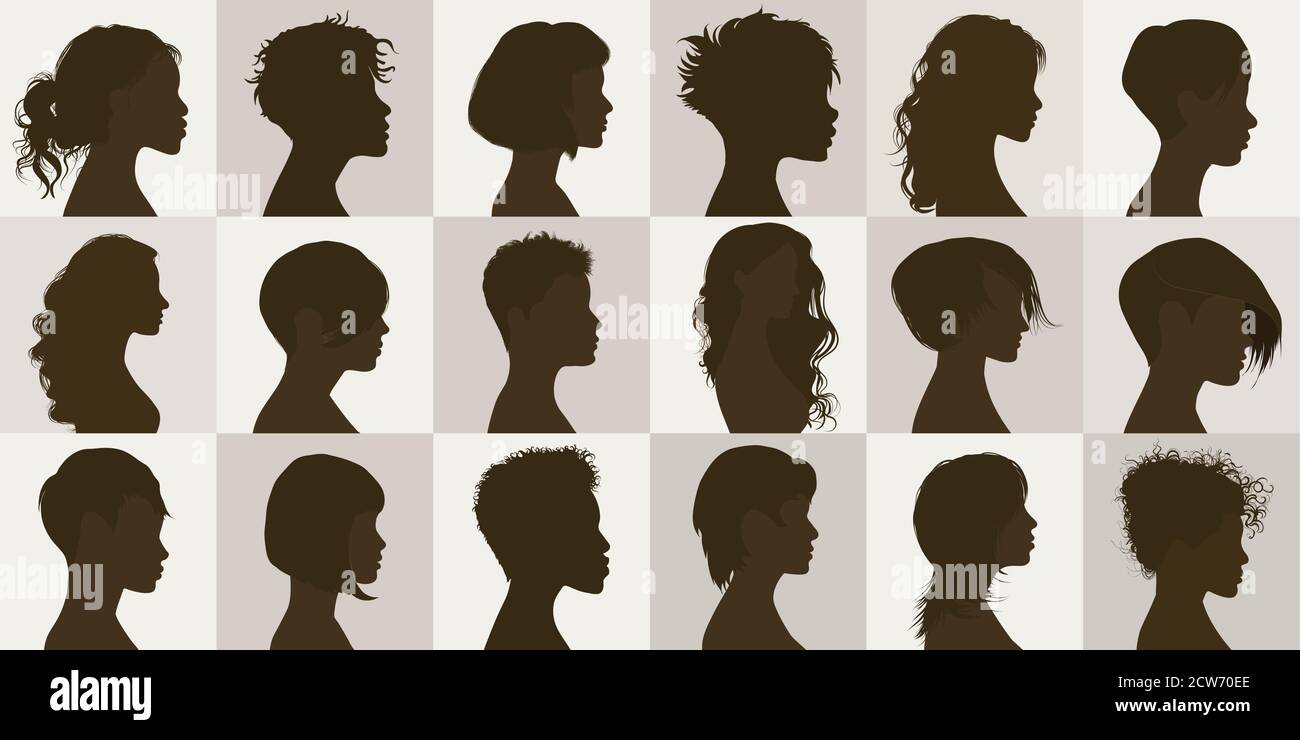 Ensemble de silhouette de profil noir vectoriel avec coupe de cheveux femelle.Collection face anonyme Portrait et isolé des femmes têtes avec la coiffure moderne.filles à la mode Illustration de Vecteur