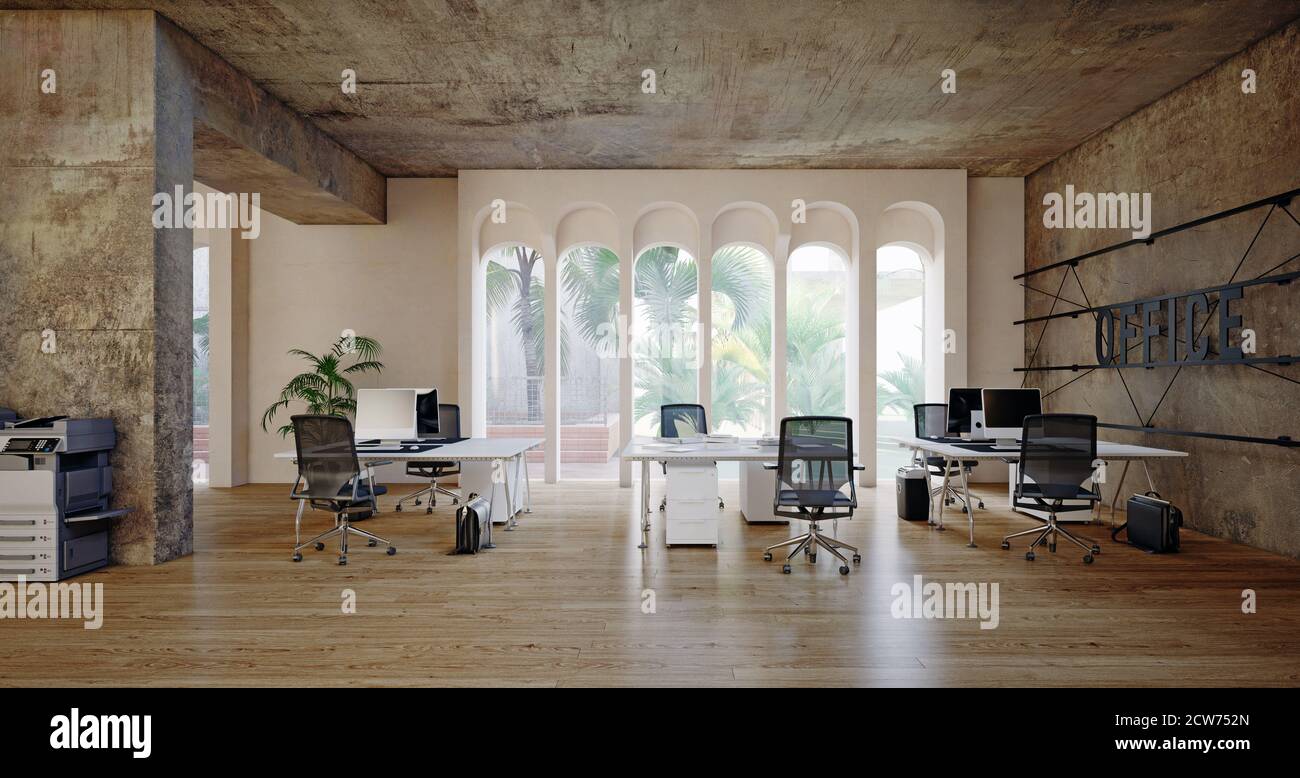 intérieur contemporain pour bureaux en mezzanine. concept de rendu 3d Banque D'Images