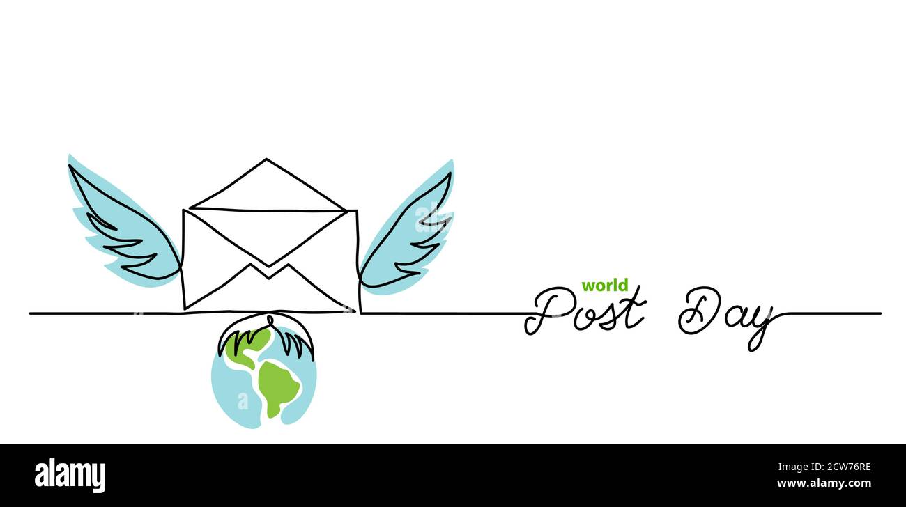 World post day simple web banner, arrière-plan. Une ligne continue de dessin de courrier avec des ailes avec texte Post Day Illustration de Vecteur