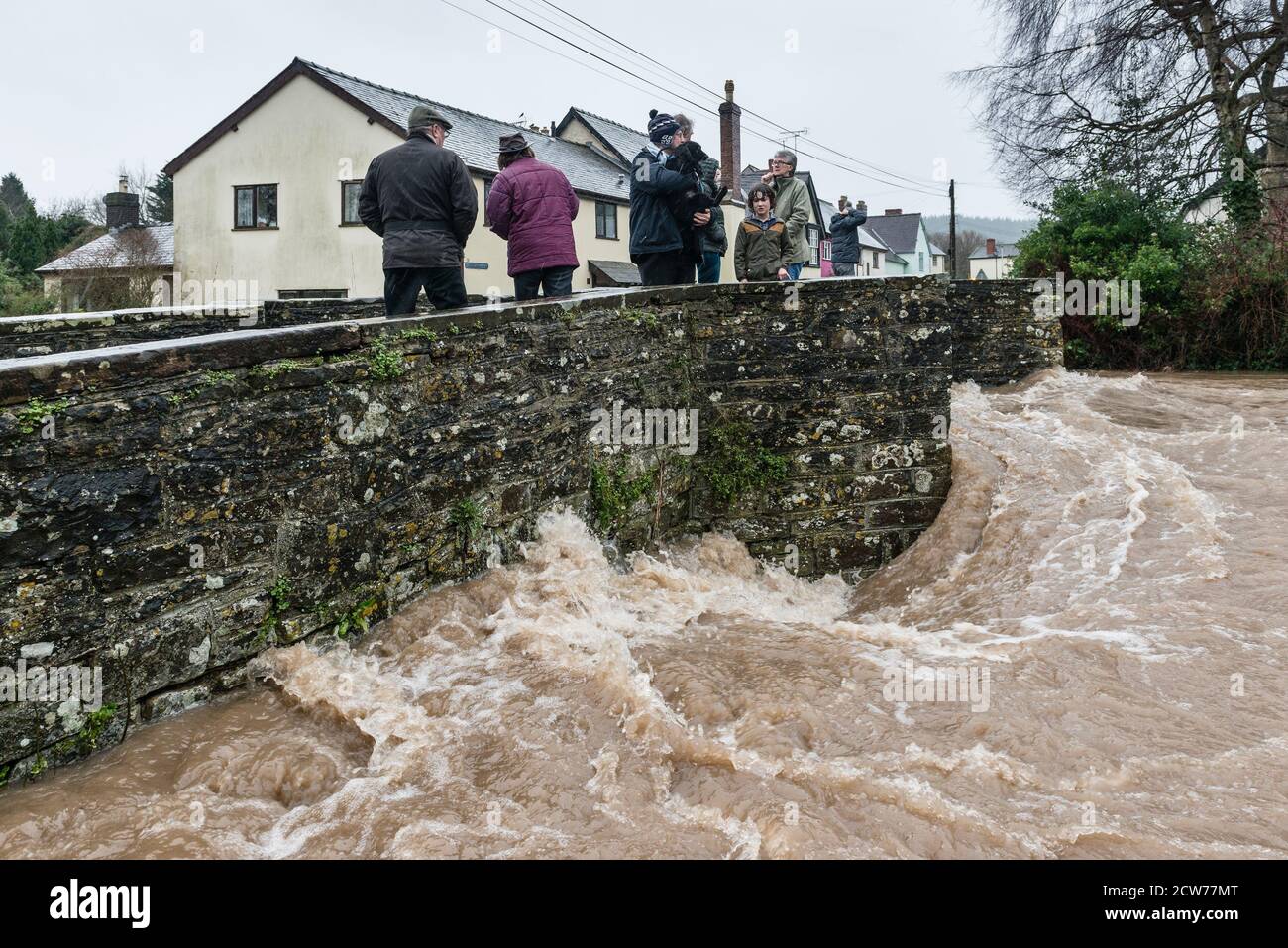 Les spectateurs se rassemblent sur l'ancien pont du 17c au-dessus de la rivière Lugg à Presteigne, Powys, Royaume-Uni, pour voir le niveau d'inondation le plus élevé après Storm Dennis au début de 2020 Banque D'Images