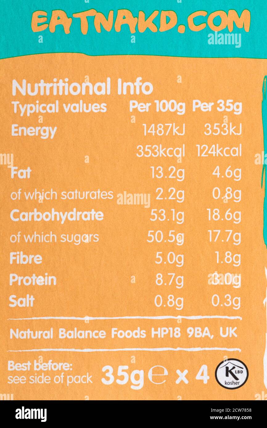 détail sur une boîte de fruits crus délicieux au caramel salé nakd et barres à noix - informations nutritionnelles Banque D'Images