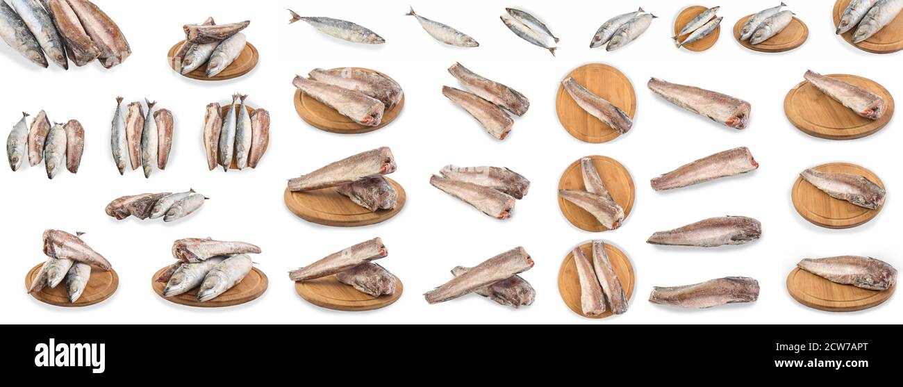 Définir le poisson congelé isolé sur fond blanc avec un masque. Assortiment de maquereaux frais et crus et de merlu pour le motif. Poisson congelé à sec. Banque D'Images