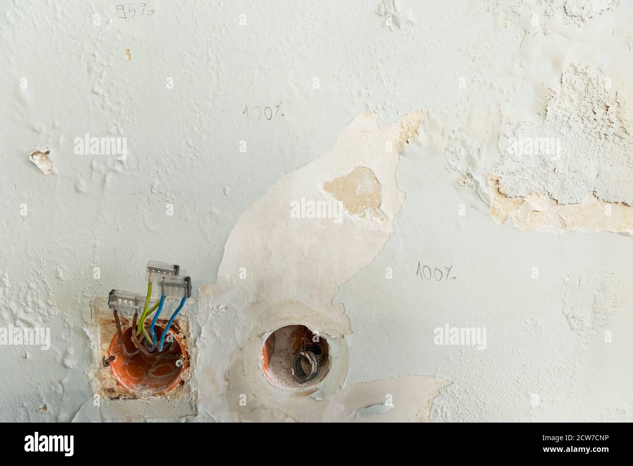 Mur affecté par le champignon et la moisissure en raison d'une mauvaise  étanchéité. Les relevés d'humidité sont indiqués sur le mur sous forme de  pourcentages Photo Stock - Alamy