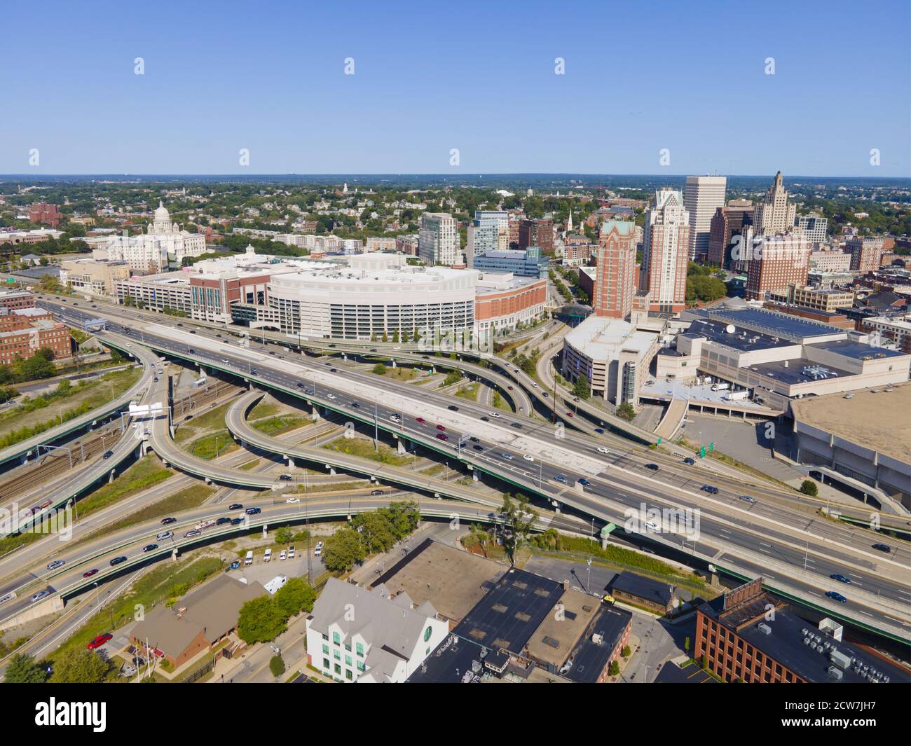 Providence Interchange Road à l'Interstate Highway I-95 sortie 22 vers Memorial Blvd vue aérienne dans le centre-ville de Providence, Rhode Island RI, États-Unis. Banque D'Images