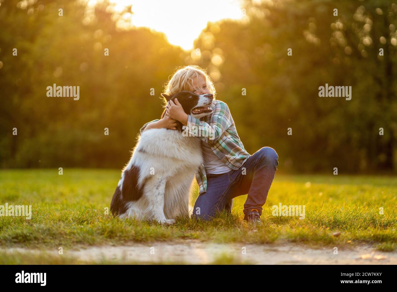 Petit garçon jouant avec son chien à l'extérieur dans le parc Banque D'Images
