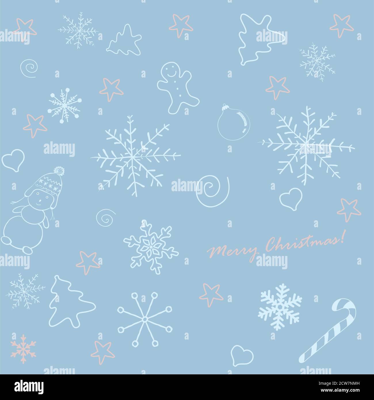 Fond bleu de flocons de neige dessinés à la main. Illustration de Vecteur
