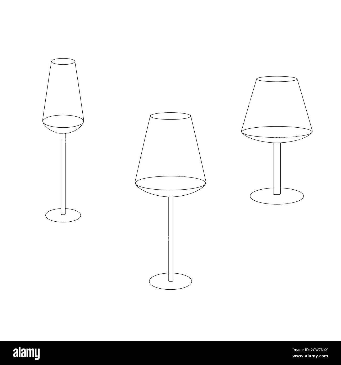 Croquis d'un ensemble de verres pour le vin, le champagne, le cognac. Isolé sur un fond blanc. Illustration de Vecteur