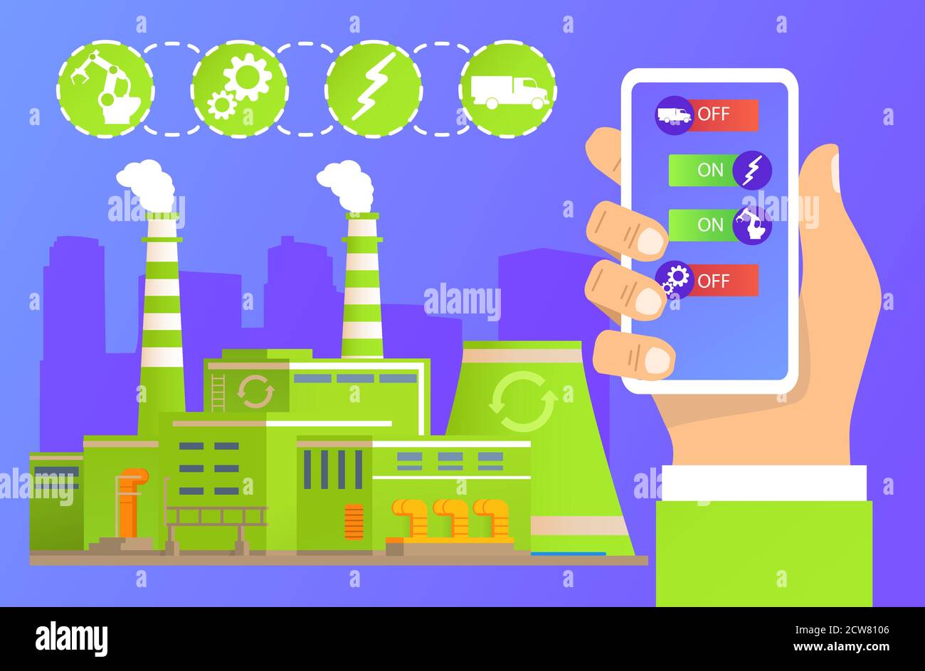 Gestion de l'usine de recyclage écologique.Smart Industry 4.0.la main tient le smartphone environ l'application Illustration de Vecteur