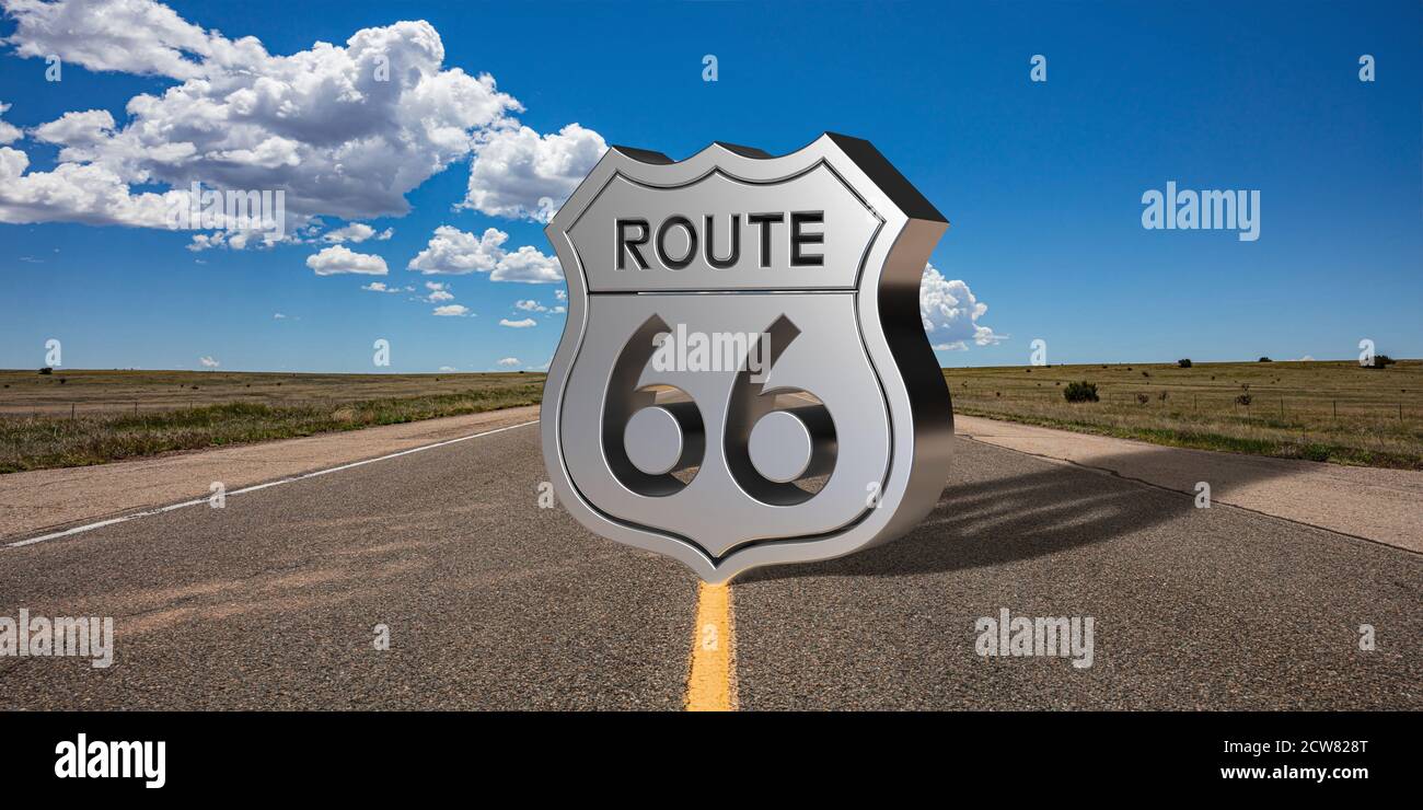 Route 66 panneau sur la rue. Symbole historique de la route mère américaine argent brillant sur l'asphalte, jour ensoleillé, Arizona Desert, États-Unis. illustration 3d Banque D'Images