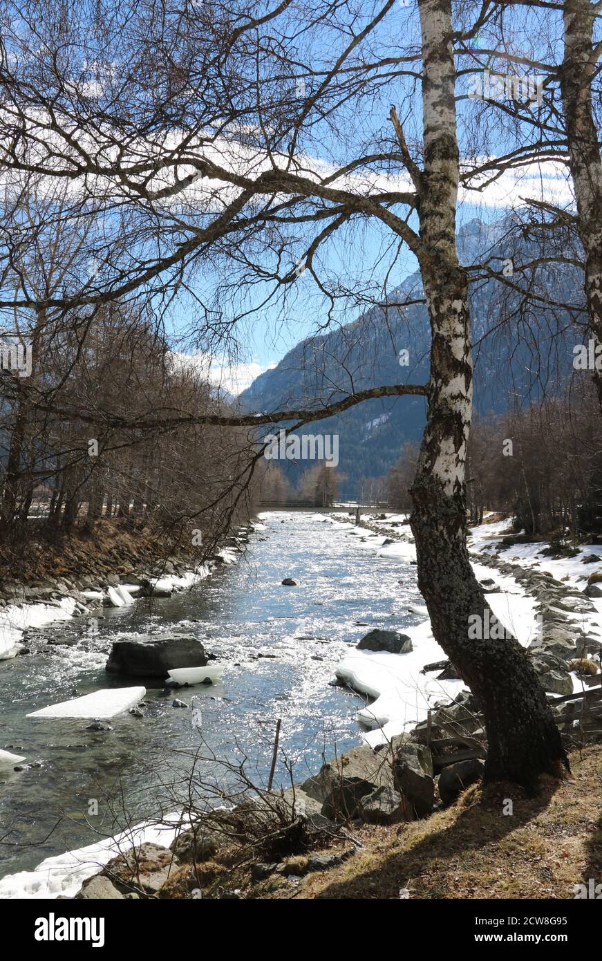 Paysage alpin en hiver avec rivière et bouleau Tyrol Autriche Banque D'Images