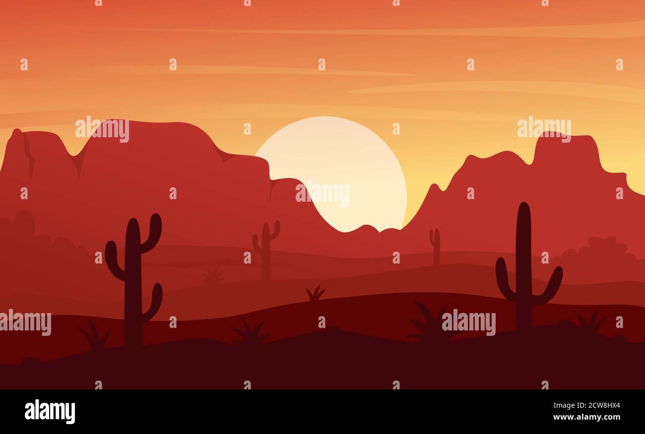 Illustration vectorielle de paysage de nature du désert du Mexique, du Texas ou d'Arisona. Paysage de désert plat et sec avec des rochers de montagne dunes, des cactus, une scène sauvage et naturelle de prairie de l'ouest, une nature sauvage Illustration de Vecteur