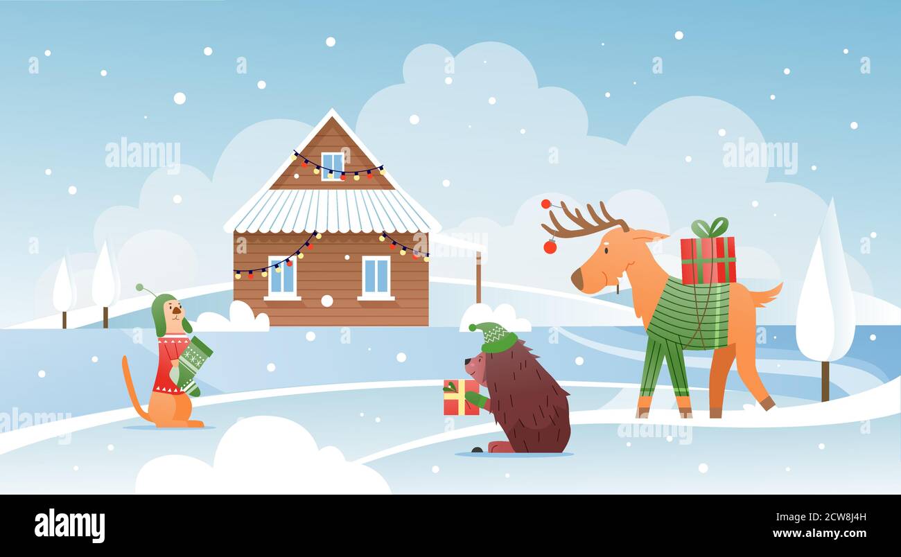 Illustration vectorielle animaux avec cadeaux de Noël. Dessin animé plat neige hiver jolie scène avec cabane en bois dans la neige et drôle animaux de forêt sauvage tenant des boîtes-cadeaux. Fond de carte de vœux de Noël Illustration de Vecteur