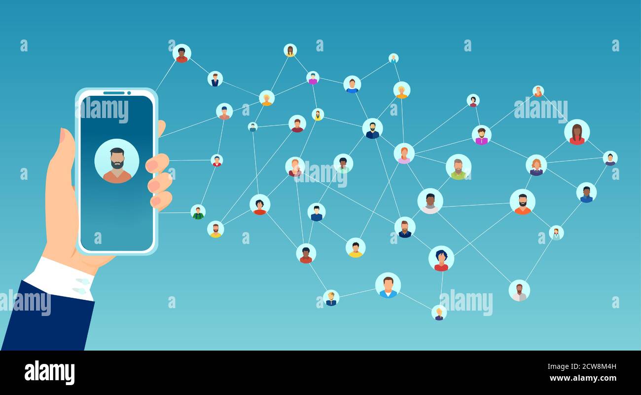 Vecteur d'une femme tenant un smartphone connecté à un grand groupe de personnes d'interconnexion Illustration de Vecteur