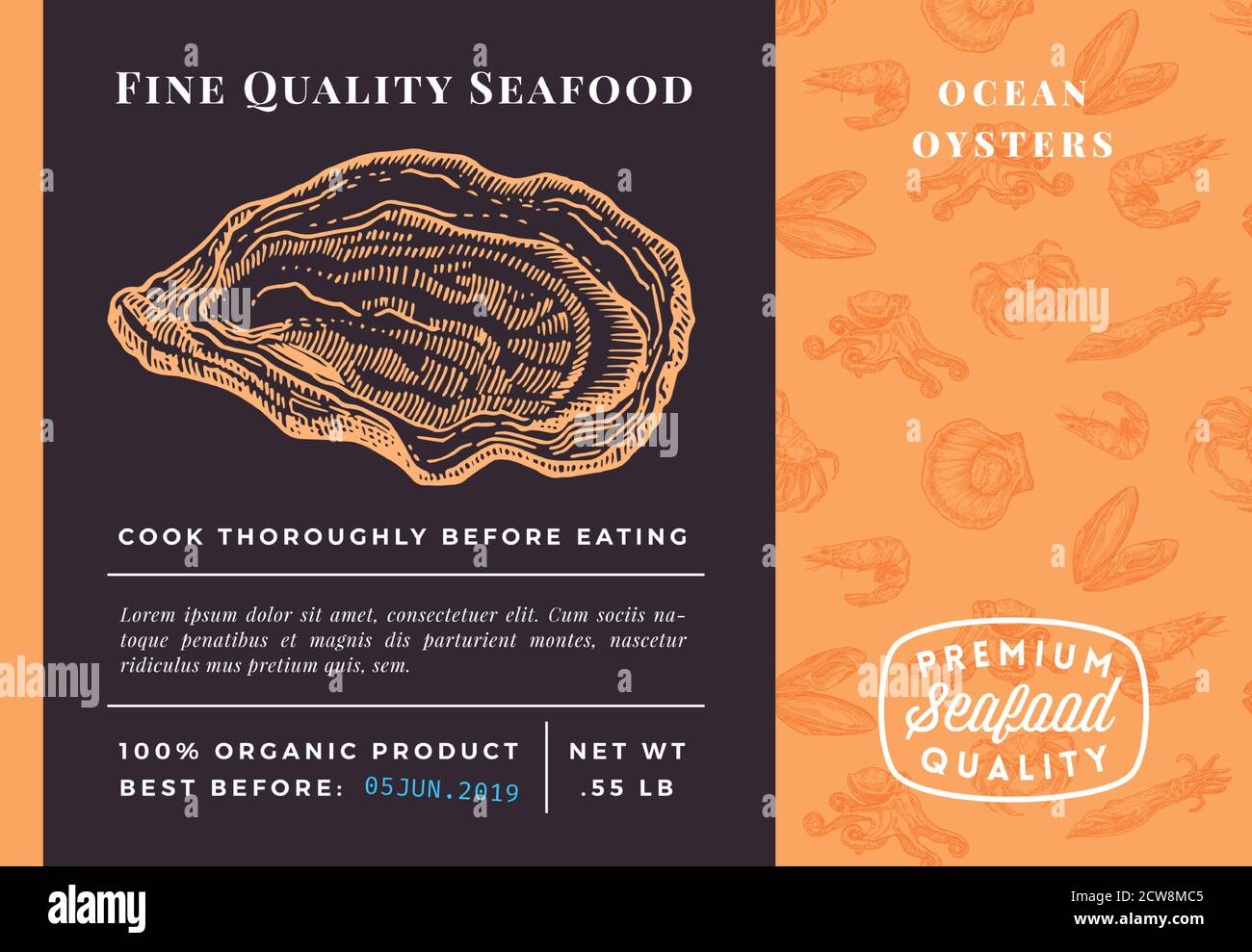 Conception ou étiquette d'emballage d'huîtres vectorielles abstraites de qualité supérieure pour les fruits de mer. Typographie moderne et esquisse dessinée à la main mise en page d'arrière-plan avec motif sans couture Illustration de Vecteur