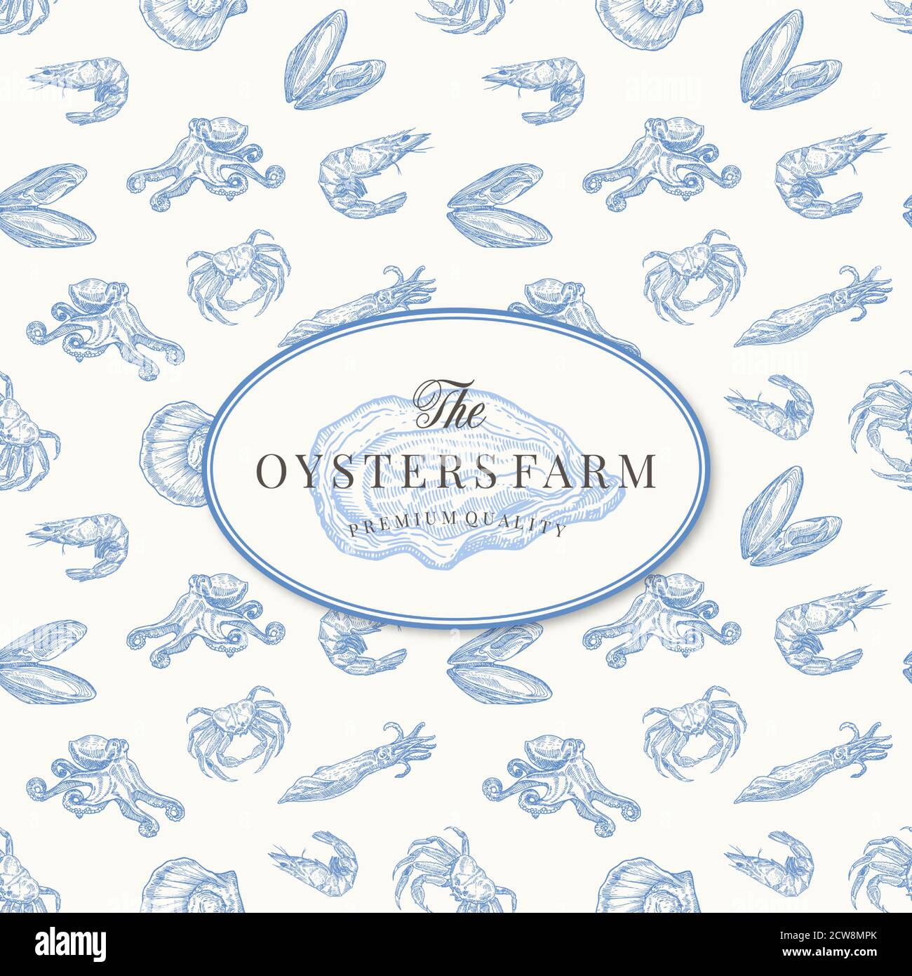 Le modèle de symbole, de symbole ou de logo du vecteur abstrait Oysters Farm. Esquisse de dessin à l'huître ouverte élégante avec fond de motif de fruits de mer sans couture. Palourdes Illustration de Vecteur