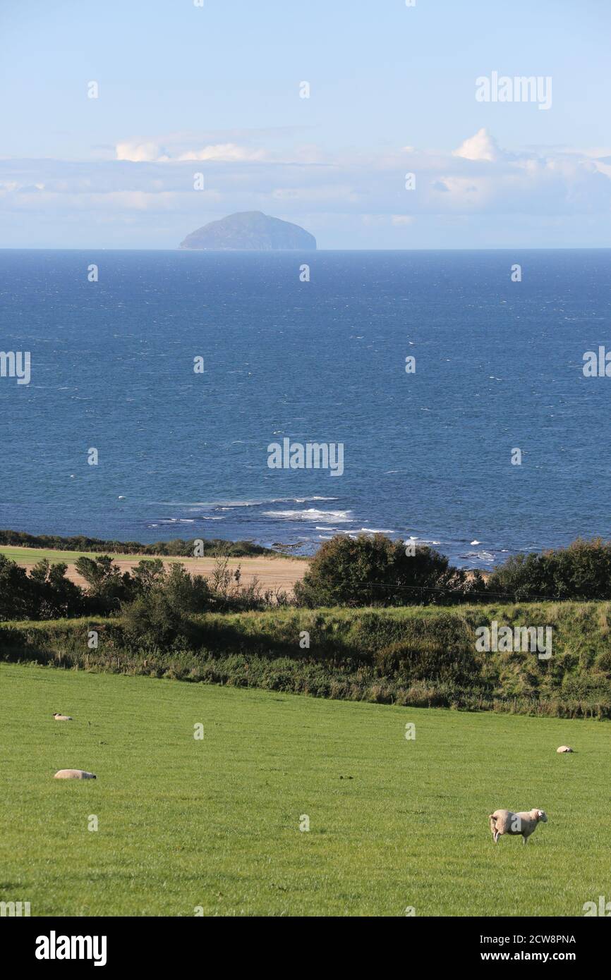 Croy, Ayrshire, Écosse, Royaume-Uni.Vue sur Ailsa Craig avec des champs verts en premier plan, le Firth of Clyde distance moyenne et Ailsa Craig à l'horizon. Banque D'Images