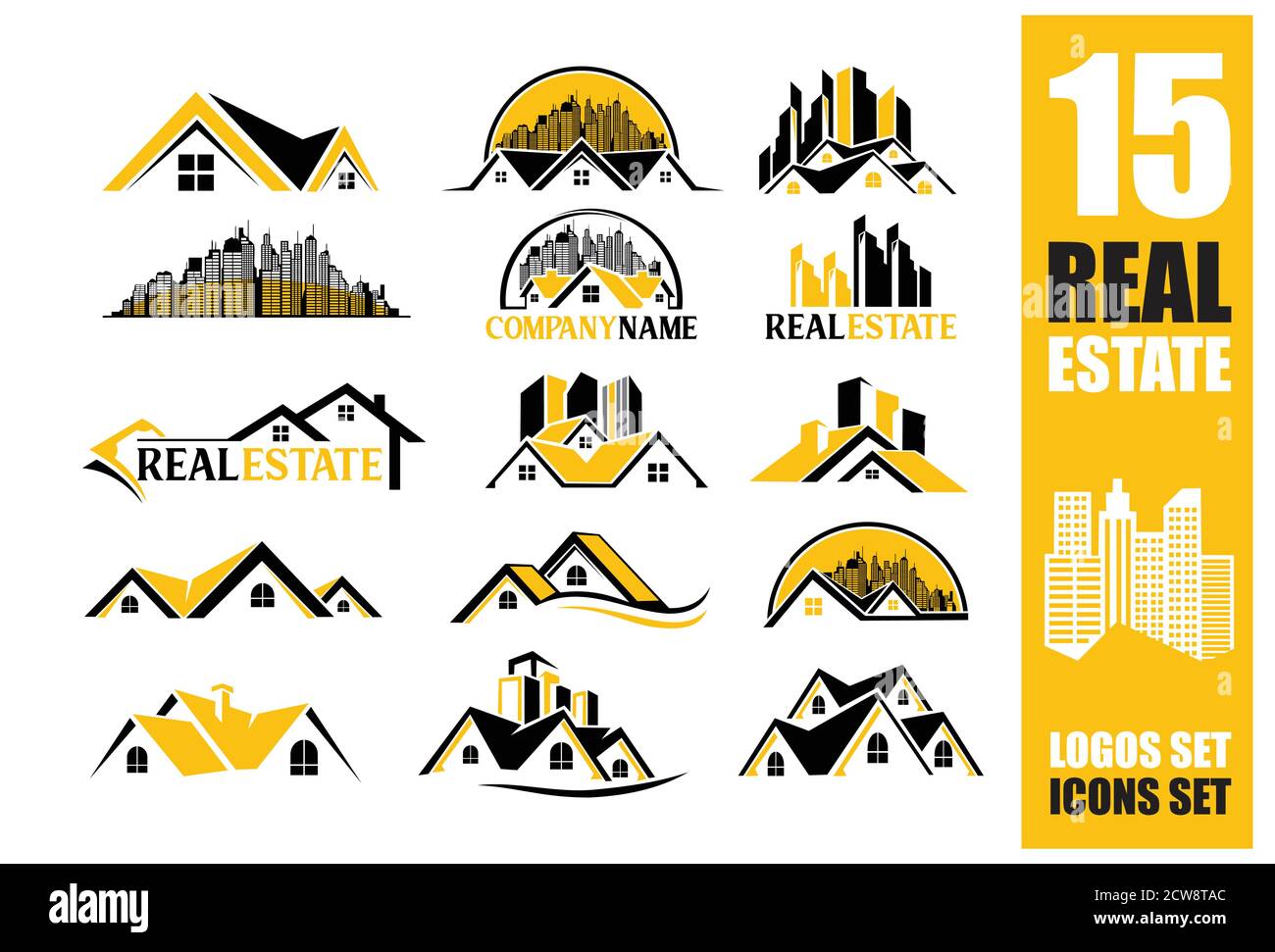 Un logo et une icône Vector Set pour la société immobilière dans la zone de liste noire et jaune Illustration de Vecteur