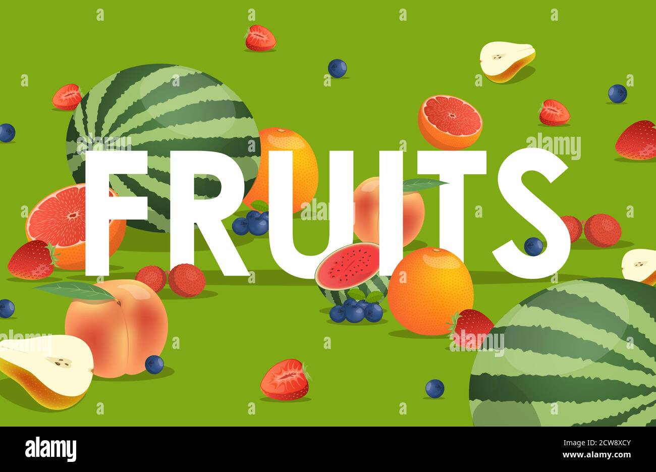 Motif de bannière de dessin animé vectoriel de mot fruit. Illustrations de pastèques, poires, pêches, pamplemousses, bleuets et fraises. Modèle d'affiche fruits et baies pour le restaurant ou le café. Illustration de Vecteur