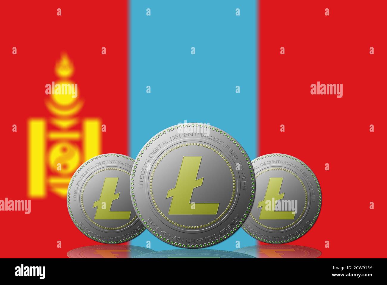 Illustration 3D trois CRYPTO-monnaies LITECOIN avec drapeau de Mongolie sur fond. Banque D'Images