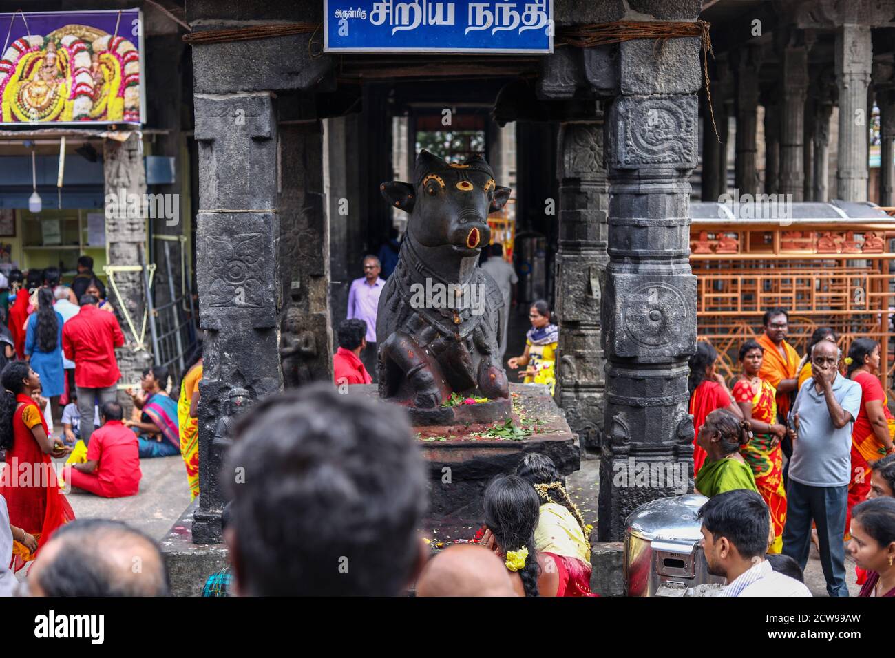 Des pèlerins hindous et des touristes étrangers visitent le temple hindou avec La statue du géant noir Nandi Banque D'Images