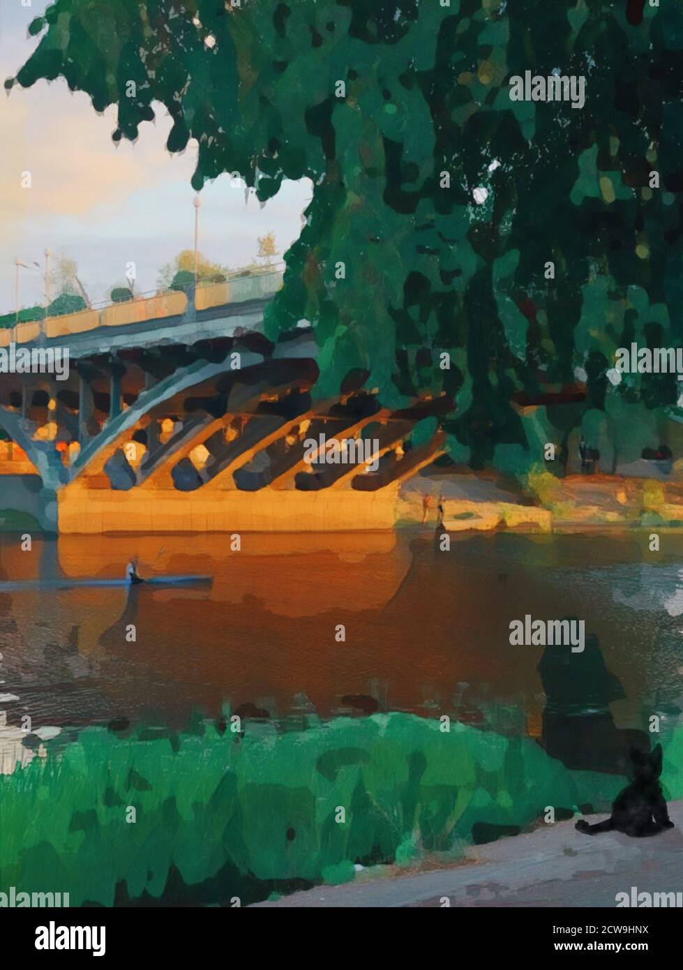 Illustration de la nature d'été dans la ville le soir, bateau kayak nager sous le pont sur l'eau de la Manche avec le soleil doré et le chaton noir Banque D'Images