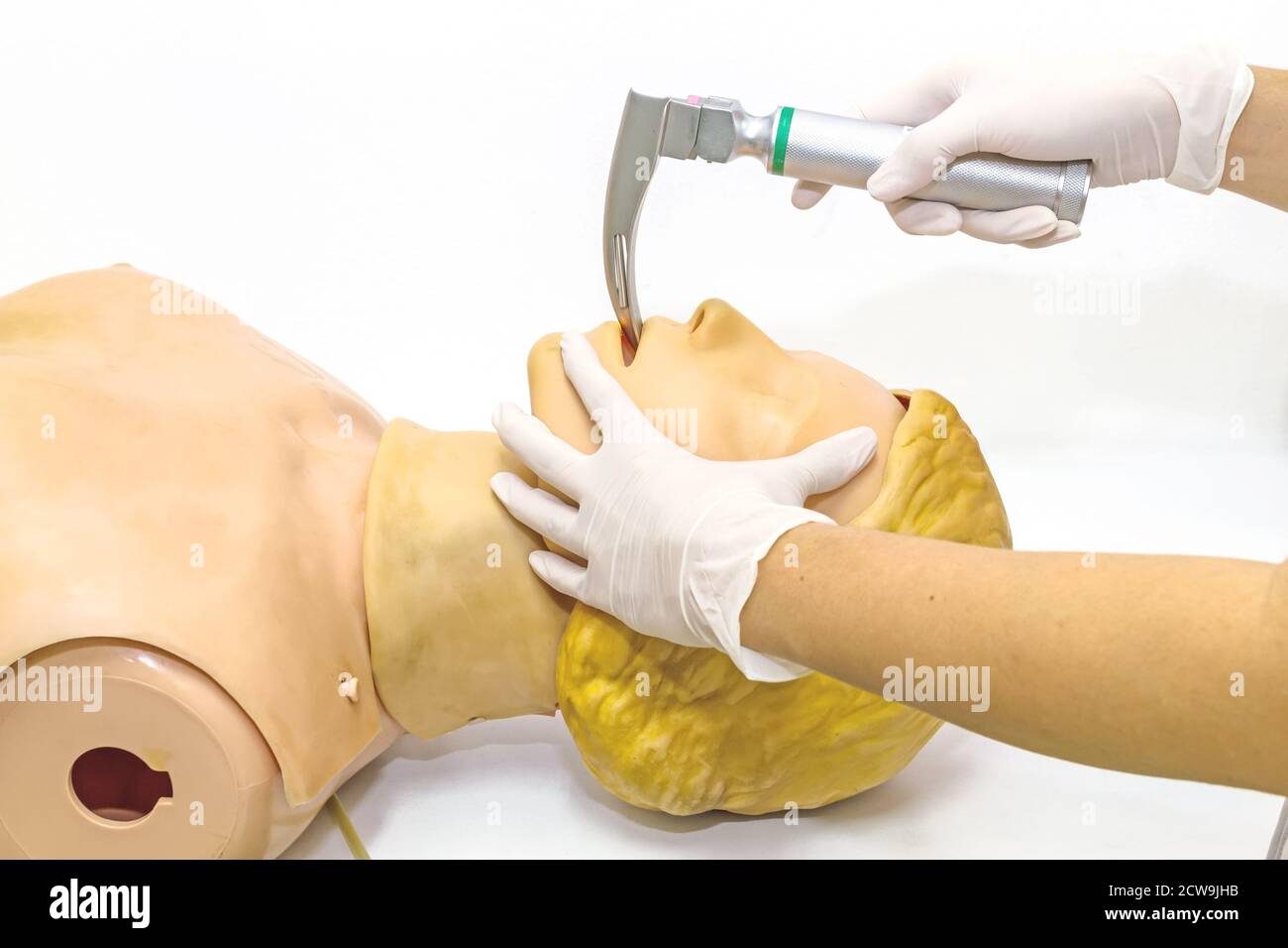 Gants médicaux blancs et mains de médecin démonstration réanimation RCP technique par lame de laryngoscope pour insérer le tube endotrachéal sur le modèle Banque D'Images