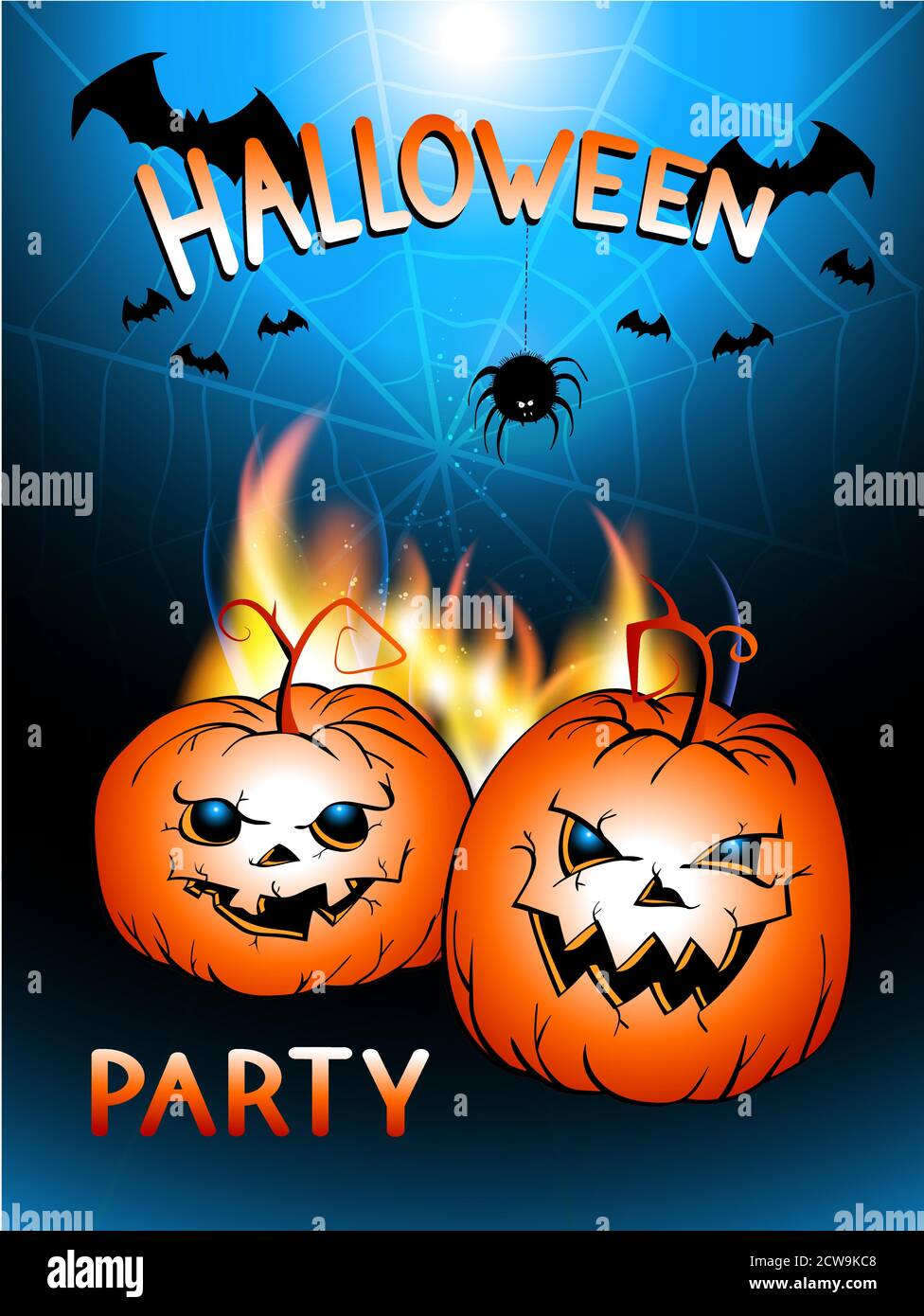Illustration vectorielle avec flamme, tête de citrouilles et texte Halloween Party sur le fond du ciel de nuit, toile, chauves-souris et araignée. Lettrage dessiné à la main. Illustration de Vecteur
