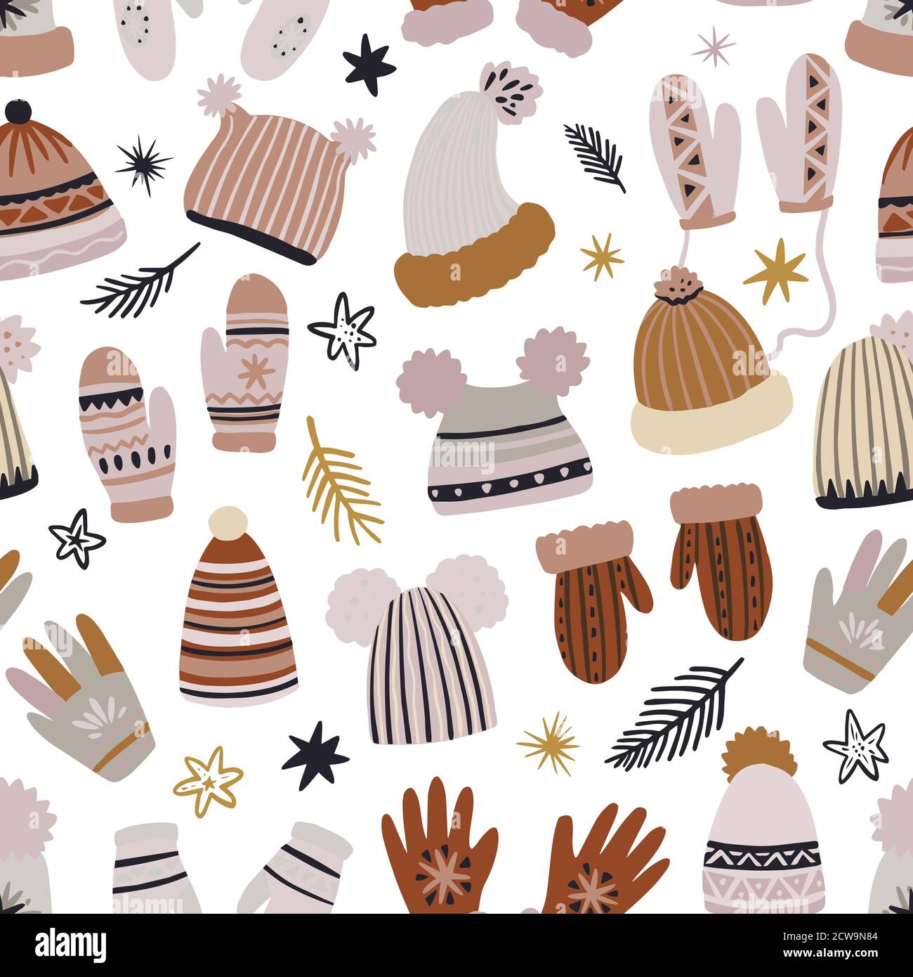 Joli motif vectoriel sans couture de vêtements d'hiver, chapeaux, moufles et gants. Éléments de la plaque dessinés à main levée. Illustration de Vecteur