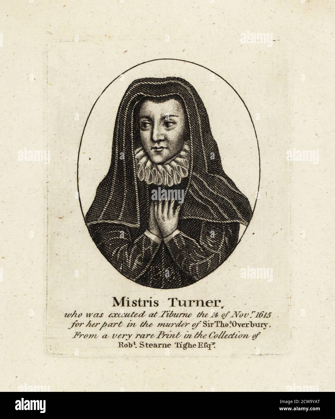 Mme Anne Turner (1576 - 1615), compagnon de Frances Howard, comtesse de Somerset. Mme Turner courait des 'maisons de mauvaise réputation' (maisons closes), et avait des liens dans les milieux aristocratiques, apothicaires et des affaires. Elle a fourni l'arsenic et le mercure lorsque Howard a assassiné Sir Thomas Overbury en 1613. Exécuté à Tiburne (Tyburn) le 14 novembre 1615. Gravure sur plaque de coperplate à partir d'un très rare imprimé dans la collection de l'écrivain irlandais Robert Stearne Tighe, publié à Londres, 1790. Banque D'Images
